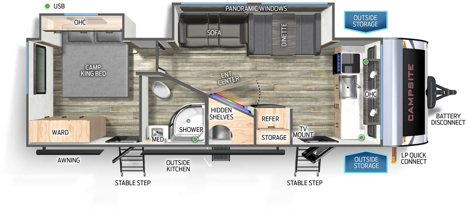 The Campsite Reserve 26BW floorplan has two entries and two slide outs. Exterior features include: metal exterior and outside kitchen. Interiors features include: front kitchen and rear bedroom.